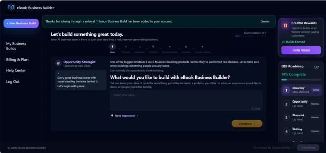 eBook Business Builder Discovery stage showing the guided process for developing an eBook business idea