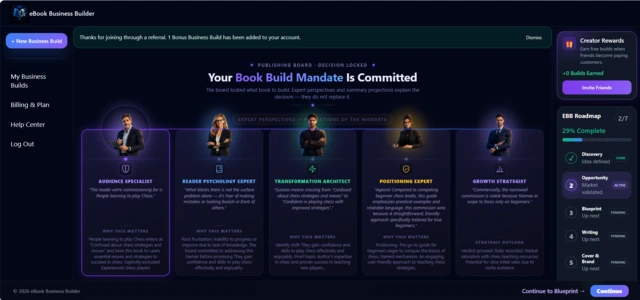 Screenshot of the Opportunity phase in eBook Business Builder, showing strategic analysis and market opportunity insights generated from Discovery answers.