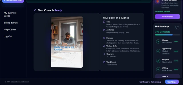 Screenshot of the Cover and Brand phase in eBook Business Builder, showing the generated ebook cover and brand presentation aligned with the completed manuscript.