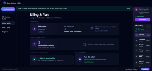 Screenshot of the Billing and Plan page in eBook Business Builder, showing the current subscription plan, available Business Build balance, next monthly allocation date, and renewal date.