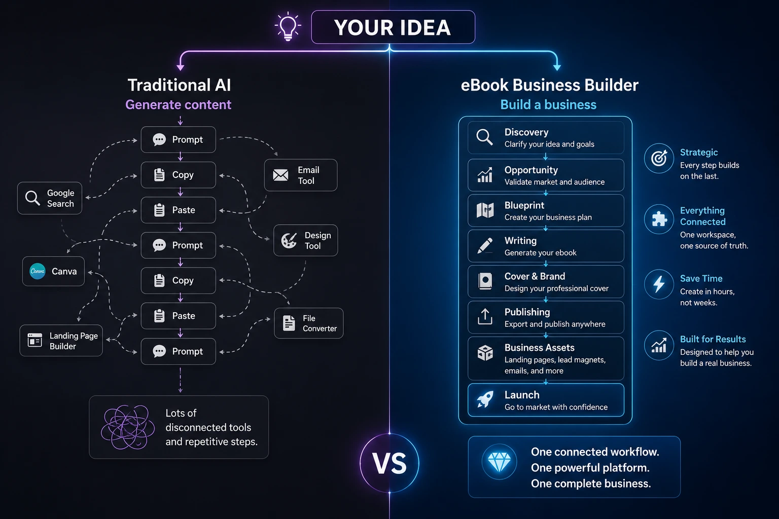 Traditional AI generates content while eBook Business Builder guides you through a connected workflow that builds a complete digital business.